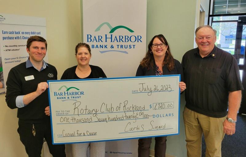 Bar Harbor Bank & Trust (BHBT) presents a donation from the Bank’s Casual for a Cause program to Rotary Club of Rockland. Pictured from left to right: Nathan Wyman, Personal Banker at BHBT; Becky French, AVP Branch Relationship Manager at BHBT; Susan W. Page, Playground Fundraising Chair for Rotary Club of Rockland; and Kirmet Voncannon, Jr., Former President of Rotary Club of Rockland. (Photo courtesy Bar Harbor Bank & Trust)